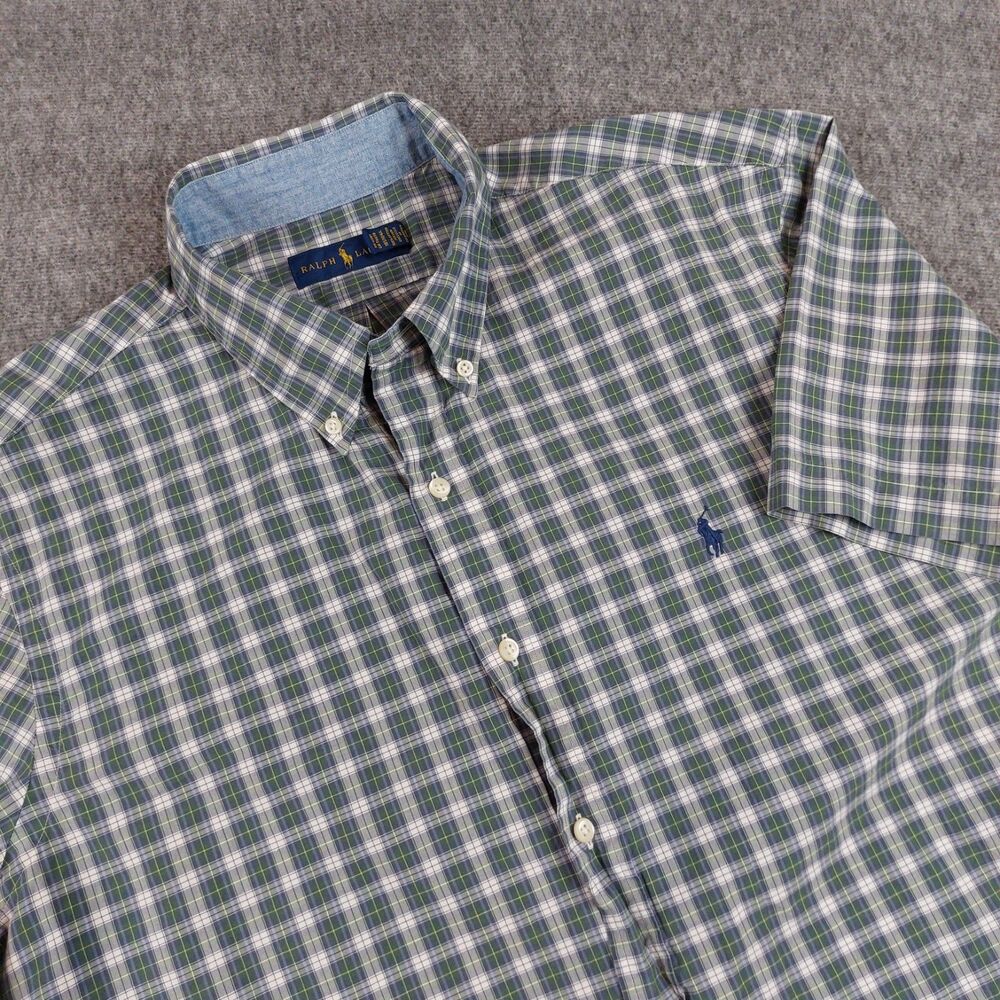 Ralph Lauren Button Down Shirt Mens XL Short Sleeve Green Classic Tartan Plaid